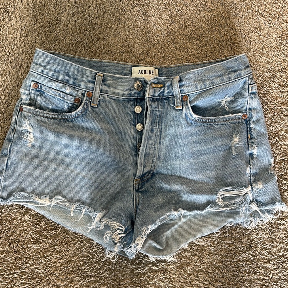 AGOLDE Light Blue Distressed Denim Jean Shorts